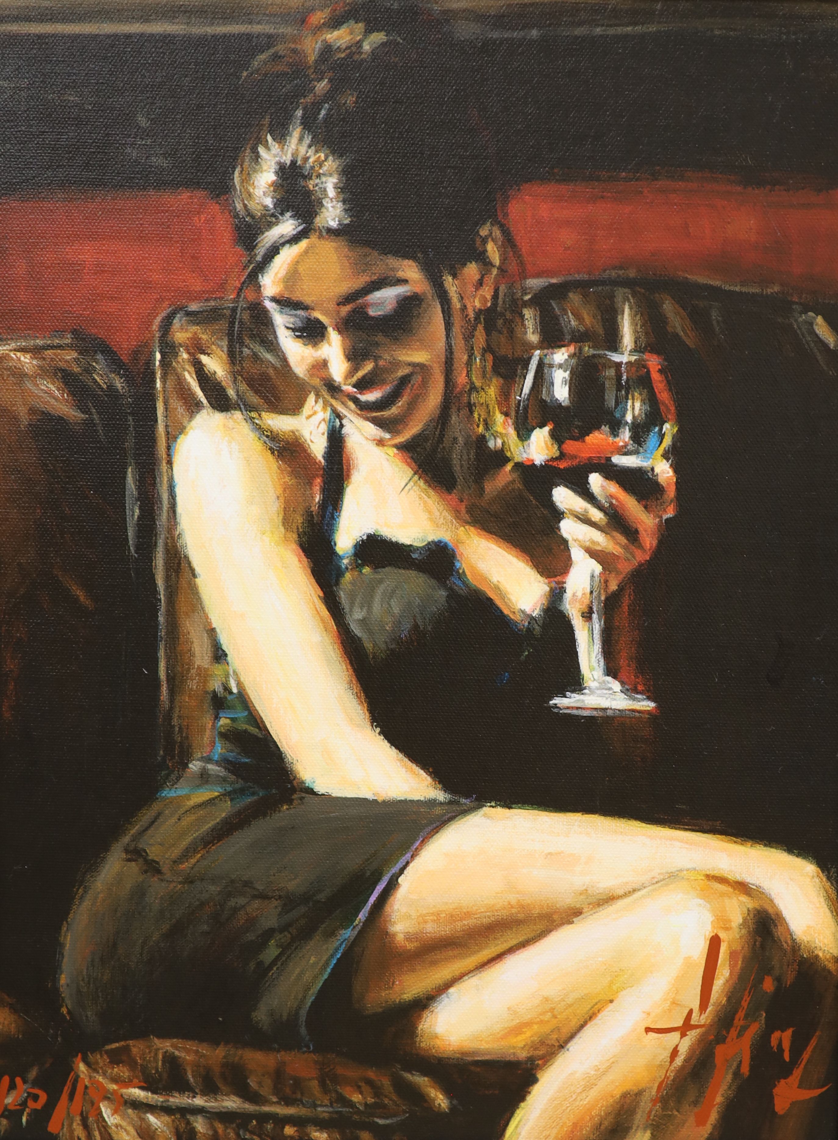 Fabian Perez, two hand embellished glicee canvases, Blue and Red III, 17/195 and Tess VII, 120/195, both with COA, 40 x 30cm